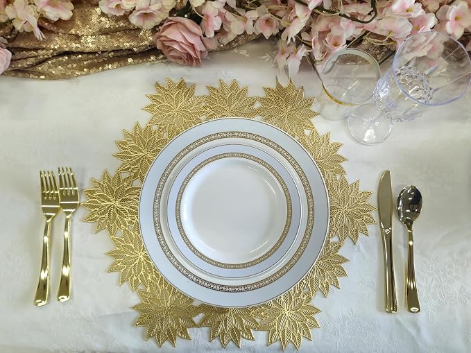 OCCASIONS Fancy Disposable Plates (25 Guests) - Gold Rimmed Heavy Duty Plastic Dinnerware Set, 25 x 10.5" Dinner + 25 x 7.5" Salad/Dessert, China-Like Look, BPA Free Wedding Party (Ritz Blue and Gold)