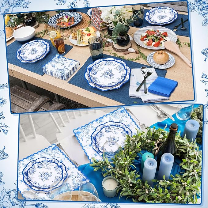 Funnymoom 200 Pcs Blue White Floral Party Tableware Flower Birthday Disposable Paper Dinner Dessert Plates Blue Floral Napkins for Baby Shower Bridal Shower Wedding Party Family Holiday 50 Guests