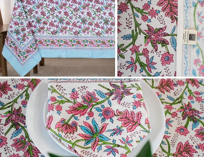 Block Print Table Cloth- 54x108 Inch Rectangle 100% Cotton Handmade Pre-Shrink, Washable for Spring, Kitchen & Dining Perfect for Patio, Indoor & Outdoor, Farmhouse