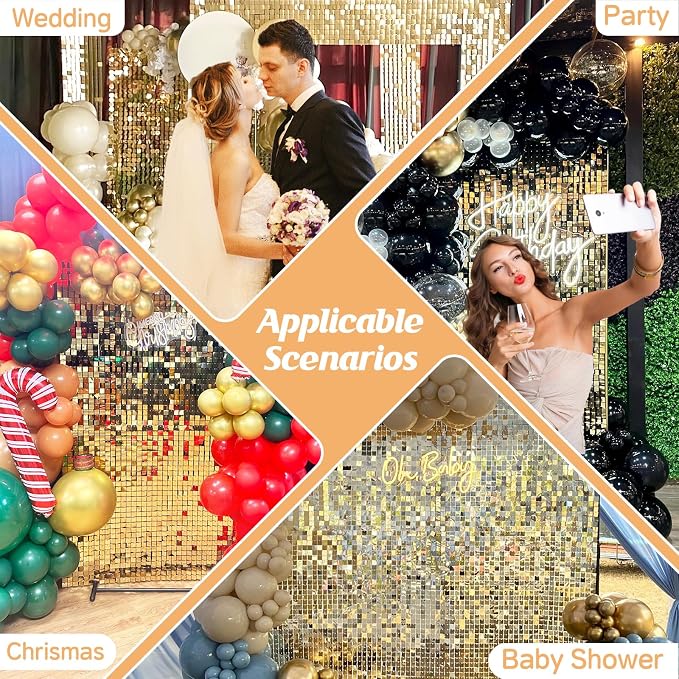 Light Gold Shimmer Wall Backdrop,Shiny Sequins,48Pcs Sequins Backdrop Panels,Glitter Bling Photo Background for Birthday Party Wedding Engagement Anniversary Graduation (Each 1FT², Total 48FT²)