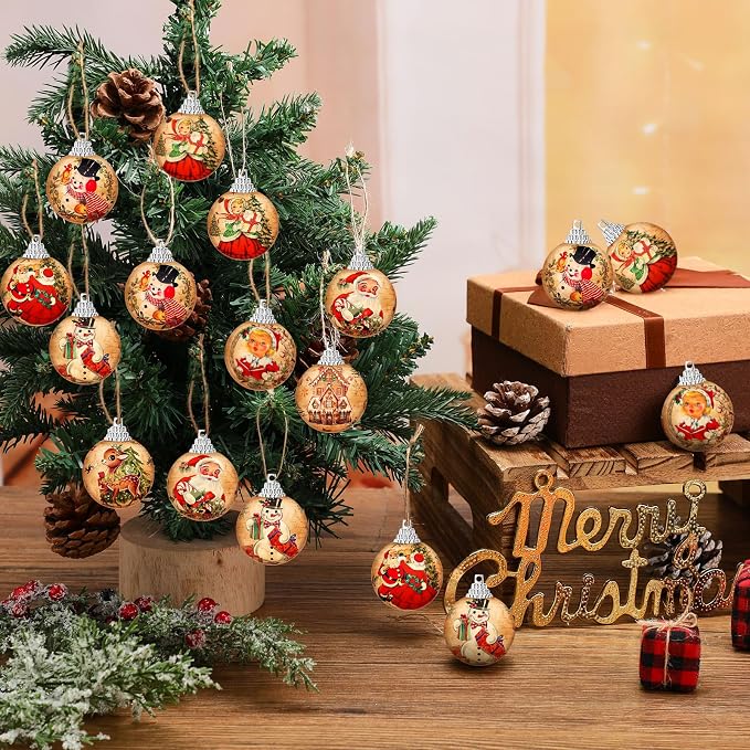 Outus 16 Pcs Christmas Tree Ball Ornaments Vintage Christmas Decorations for Tree Colorful Xmas Decorative Santa Claus Snowman Hanging Ball for Farmhouse Home Fireplace Decor Holiday Party Favors