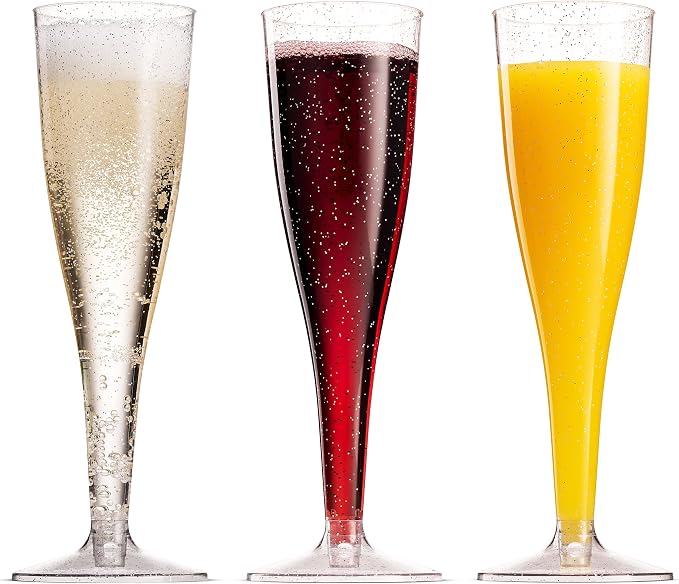 Munfix 100 Plastic Champagne Flutes - 5 Oz Disposable Silver Glitter Champagne Glasses for Parties, Mimosa Bar, Events, Wedding and Shower Party Supplies - Toasting Cocktail Cups
