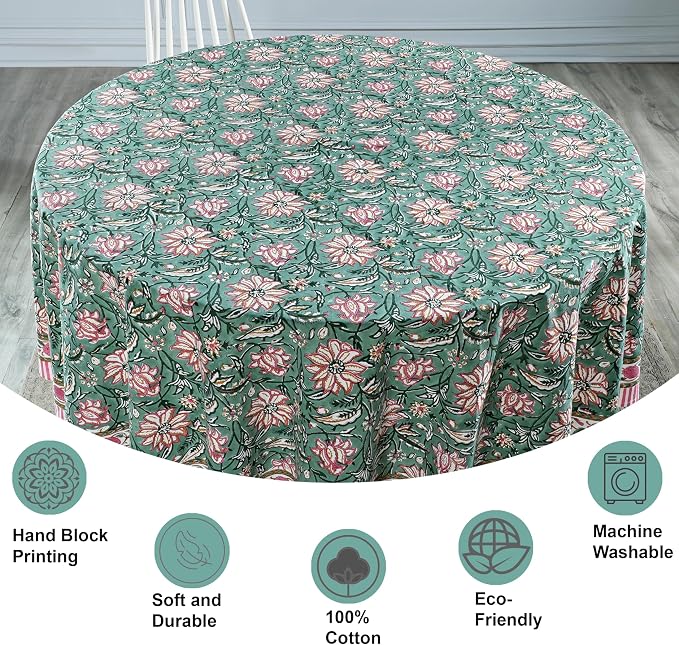 Ridhi Round Tablecloth Hand Block Print 100% Cotton Reusable Virdian Green 110 Inch Table Cover Decorative Everyday Use for Dining, Home, Party, Wedding, Farmhouse, Party Gift for Spring, Mother's Day