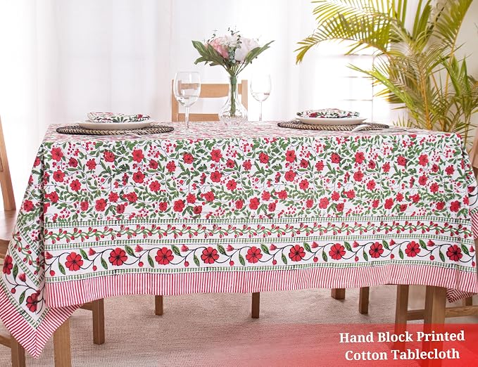 Block Print Table Cloth- 60x120 Inch Rectangle 100% Cotton Handmade Pre-Shrink, Washable for Spring, Kitchen & Dining Perfect for Patio, Indoor & Outdoor, Farmhouse