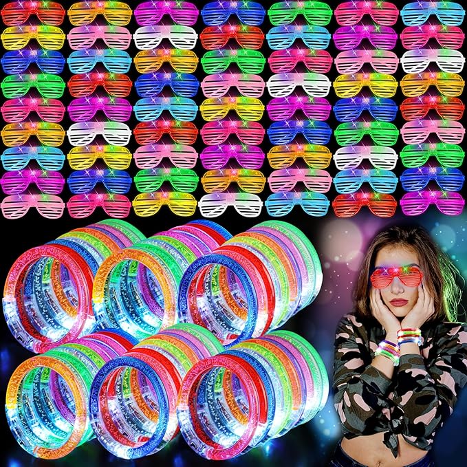 120 Pcs Glow in the Dark Party Supplies with Light up Glasses LED Bracelets 10 Neon Colors Glow Stick Bracelet Flashing Glasses for Kid Adult Rave Birthday Wedding Halloween Christmas Party Toys Favor