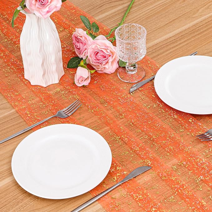 BINBE 1PCS Orange Table Runner 10Ft Sheer Chiffon Fabric Cheesecloth Sequin Glitter Table Runner for Wedding Birthday Party Decor