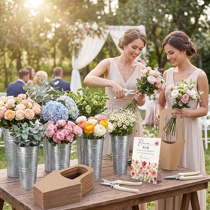 LEIFIDE Flower Bar Buckets Set Kit Bloom Bar Supplies Include Wood Sign Gift Bags Iron Bucket Garden Flower Shears for Wedding Bridal Shower Graduation Birthday Table Centerpieces(39 Pcs,Silver)