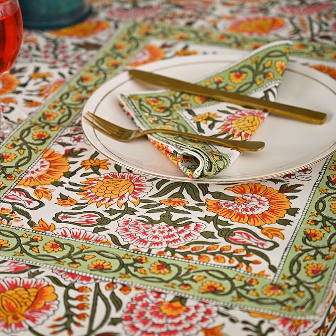 Hand Block Printed Tablecloth – Colorful Floral Print | 100% Cotton | Indian Artisan Handmade Art | Dining Room, Kitchen, Outdoor Décor, (Yellow Sunflower, 4 Seater 60 Inches Round)