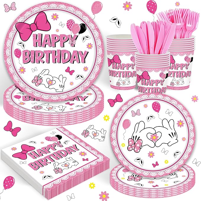 120pcs Pink Bow Mouse Plates Napkins Cartoon Birthday Party Supplies Disposable Paper Cups Pink Forks Tableware Set for Birthday Party Decorations 20 Guests