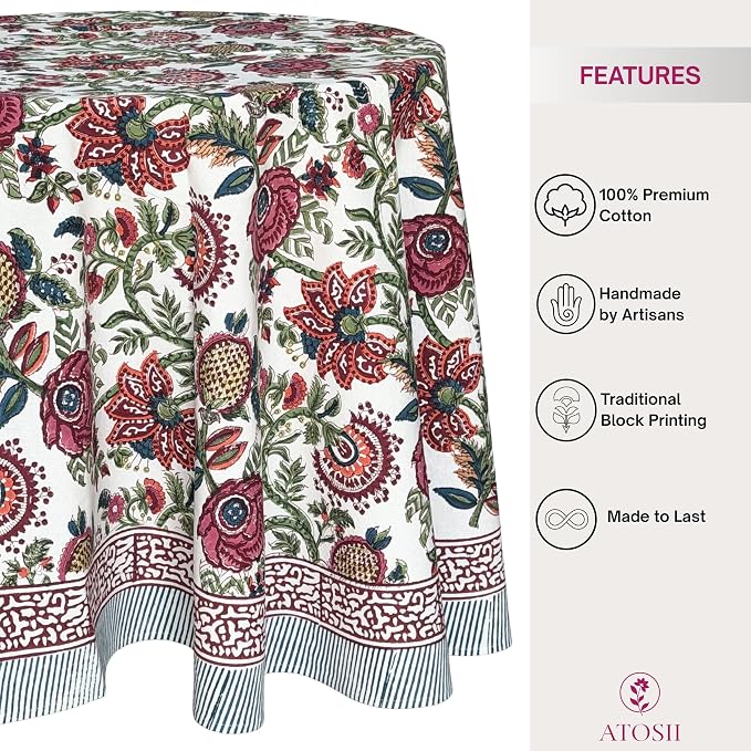 ATOSII Ruby 100% Cotton Round Tablecloth, Handblock Print Floral Table Cloth for Kitchen Dining Linen I Parties, Weddings, Outdoors, Picnics, Easter Spring Summer Home Decor 72" Inches Round