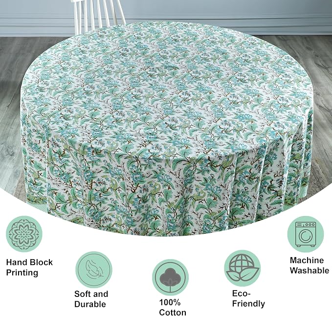 Ridhi Round Tablecloth Hand Block Print 100% Cotton Reusable Sage and Russian Green 60 Inch Table Cover Decorative Everyday Use for Dining, Home, Wedding, Farmhouse Gift for Spring, Mother's Day