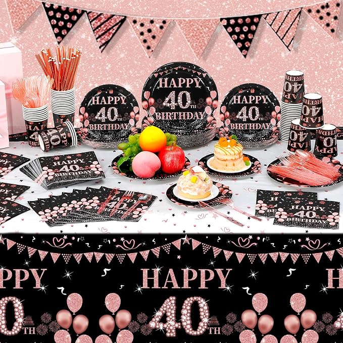 Funnymoom 452 Pcs 40th Birthday Decorations for Women Black and Rose Gold 40th Birthday Paper Plates Cups Napkins Tablecloth Cutlery Straws for Girls Women 40 Year Old Party Supplies for 50 Guests