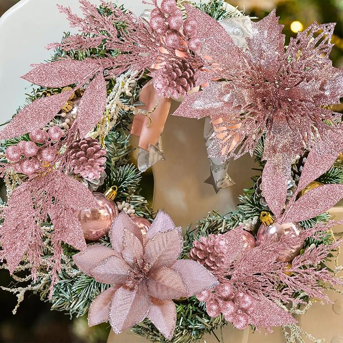 Winlyn 35 Pcs Christmas Artificial Poinsettia Flowers Picks and Artificial Leaves Sprays Rose Gold Glitter Christmas Floral Picks for Rose Gold Christmas Tree Wedding Holiday Decor Centerpiece Wreath