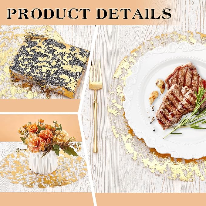 150PCS Disposable Gold Placemats Set, 13 Inch Gold Foil Table Mats Bulk, Metallic Mesh Pressed Round Doilies for Tables, Paper Placemats for Wedding Birthday Dining Party Table Home Decor