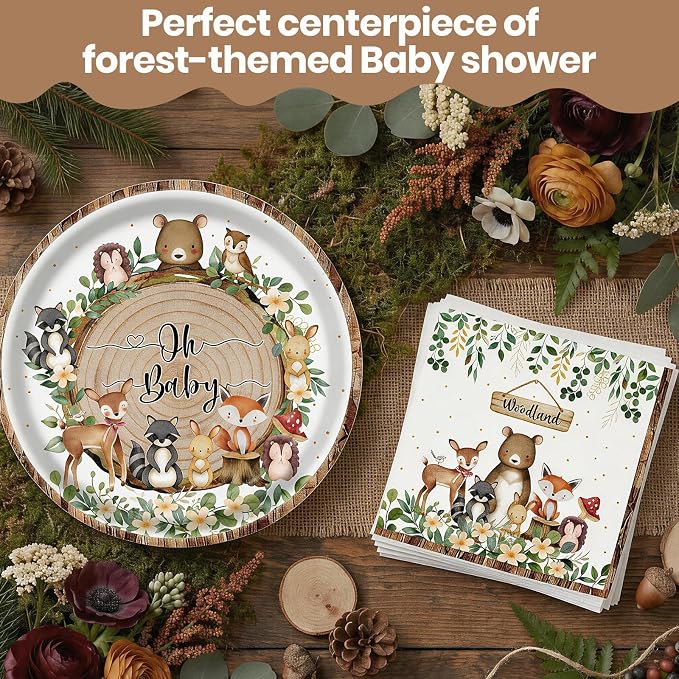 Woodland Baby Shower Party Supplies, 350PCS Safari Jungle Animal Disposable Tableware Set with Plates Napkins Cups Spoons Forks Knives for Woodland Theme Birthday Party Decorations, Serves 50 Guests