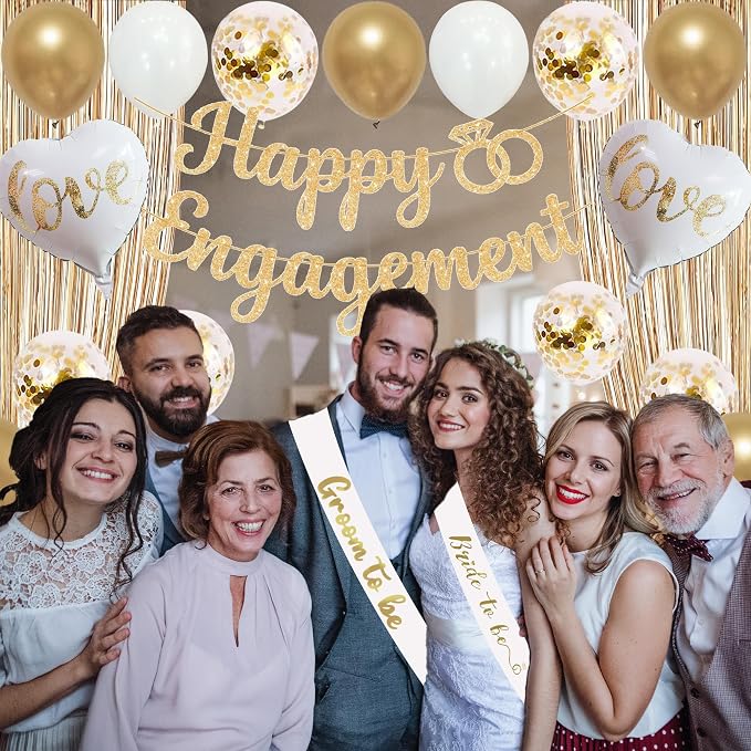 Trgowaul Champagne Gold Engagement Party Decorations, Happy Engagement Banner Backdrop, Bride&Groom Sash for Bridal Shower, Ring Foil Balloon, Just Engaged Cake Topper Wedding Shower Decor
