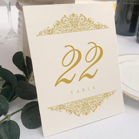 Paisley Wedding Table Numbers (Select Color/Quantity), Champagne, Gold, 1-65, Double Sided, Tent or Use in a Stand, Great for Parties & Restaurants - Made in the USA