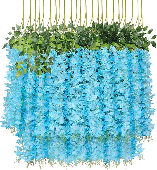 U'Artlines 24 Pack(Total 86.4 Feet) Artificial Fake Wisteria Vine Rattan Hanging Garland Silk Flowers String Home Party Wedding Decor (24, Blue)
