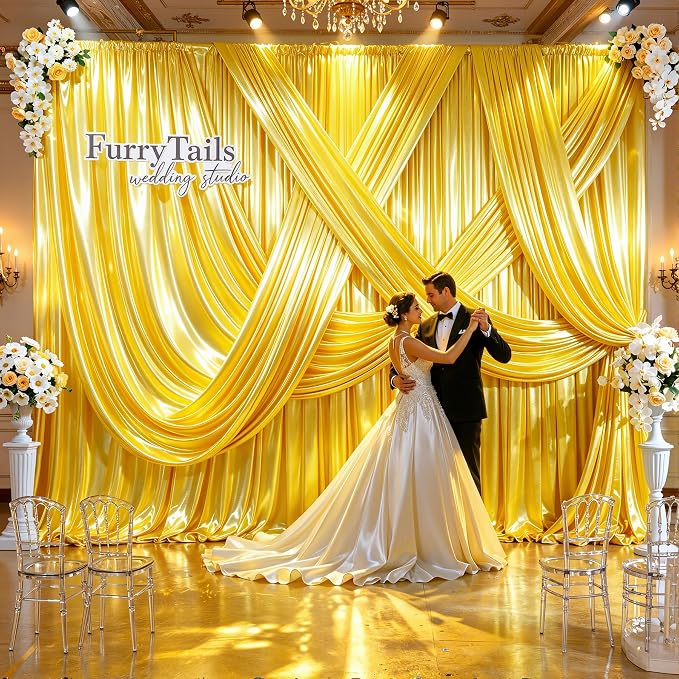 Yellow Gold Glitter Backdrop Curtains - 10x12FT Satin Photo Backdrop, Wrinkle-Free Shimmer Back Drop Cloth Shiny Drapes for Photobooth Wedding Birthday Parties Photoshoot Background Decorations