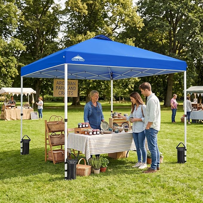 EAGLE PEAK Pop Up Canopy Tent with Wheeled Carry Bag, 8 Stakes, 4 Ropes, 4 Weight Bags, Easy Set Up Tent Canopy, 10x10 ft, 100sqft of Shade, Blue