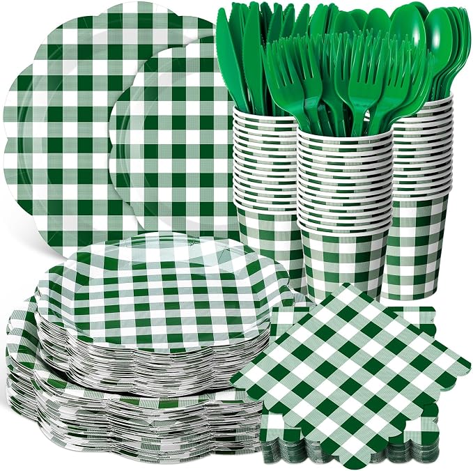 Funnymoom 400 Pcs Gingham Party Supplies for 50 Guests Dark Green and White Paper Plates and Napkins Knives Spoon Fork Cup Disposable Checkered Dinner Party Set Cutlery for Baby Shower Wedding Favor