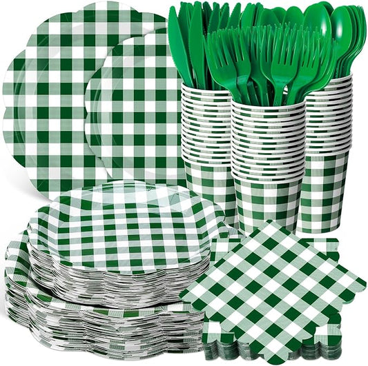 Funnymoom 400 Pcs Gingham Party Supplies for 50 Guests Dark Green and White Paper Plates and Napkins Knives Spoon Fork Cup Disposable Checkered Dinner Party Set Cutlery for Baby Shower Wedding Favor