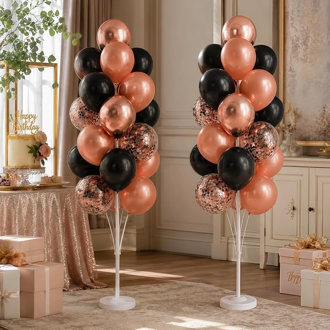 Hiins Balloon Column Kit Set of 2 With Balloons Included - with Base,Pole,Balloon Tower Backdrop Decoration for Wedding, Baby Shower,Birthday Party,Bachelorette Parties (3xRose Night Black)