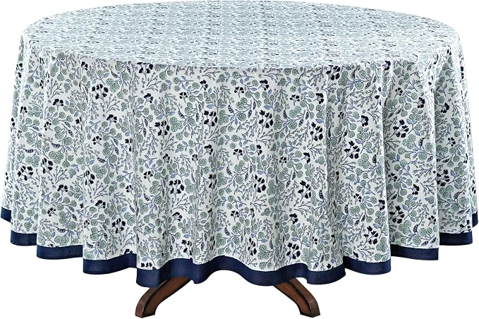 Ridhi Round Tablecloth Hand Block Print 100% Cotton Reusable Denim Blue 132 Inch Table Cover Decorative Everyday Use for Dining, Home, Party, Wedding, Farmhouse, Party Gift for Spring, Mother's Day