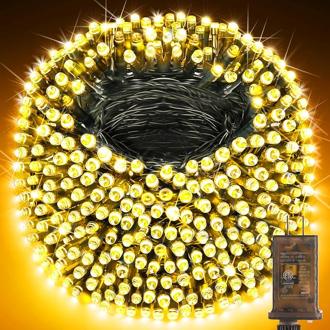 KNONEW 600ft 1500 LED Christmas String Lights Outdoor Green Wire 8 Modes & Timer Fairy Light Plug in Waterproof Patio Lights for Xmas Yard Tree Wedding Party Holiday Decorations (Warm White)