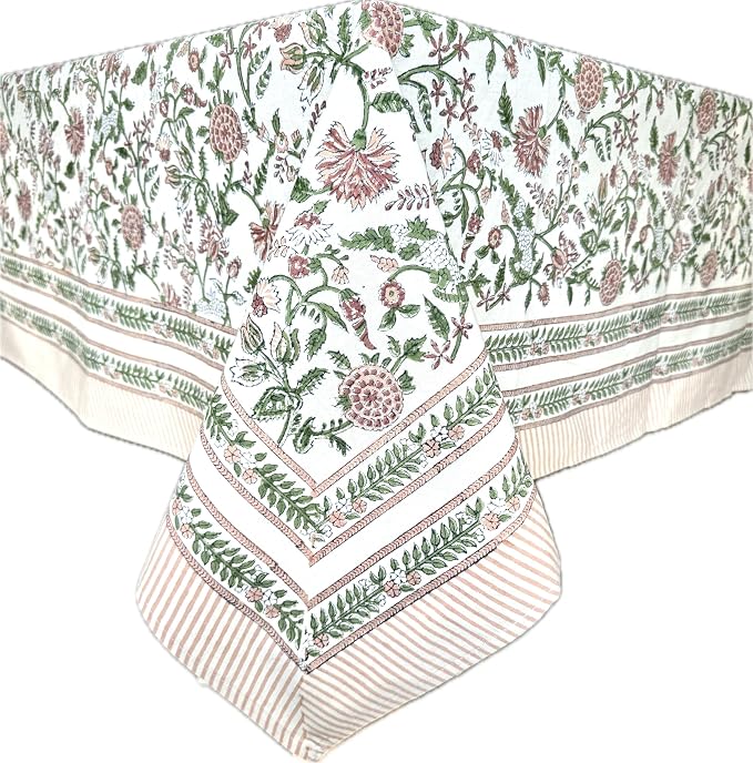ATOSII Mahoka Rust 100% Cotton Square Fall Tablecloth, Handblock Floral Linen Table Cloth for Kitchen Dining Table I Parties Weddings Outdoors Easter Valentine's Gift I 60 X 90 Inches I 6 Seater