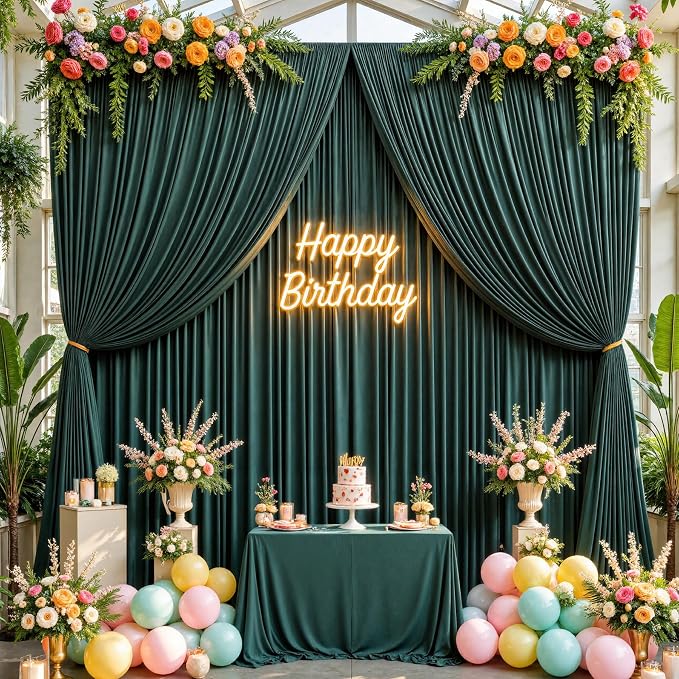 50ftx10ft Wrinkle Free Hunter Green Backdrop Curtains for Party Background, 10 Panels Silky Fabric Green Photo Backdrop Drapes Back Drop Cloth for Wedding Birthday Photography Baby Shower Decor
