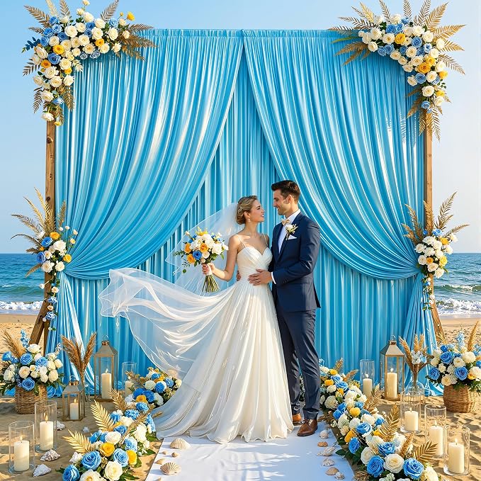 10x10ft Sky Blue Glitter Backdrop Curtain for Parties, Wrinkle Free Satin Photo Backdrop Drapes 2 Panels 5x10FT Shimmer Back Drop Cloth for Wedding Birthday Baby Shower Photography Background Decor