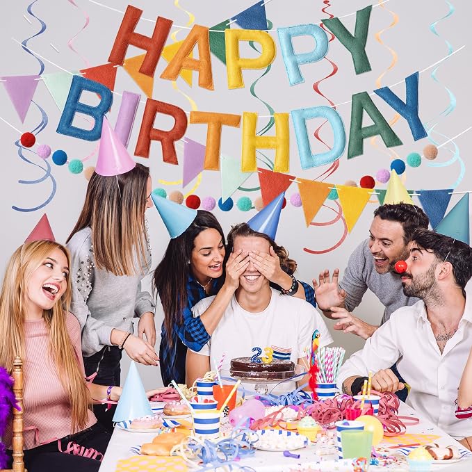 Kriyokiaa Pre-Strung Felt Happy Birthday Banner Retro Boho Rainbow Happy Birthday Party Decorations with Pom Pom Garland, Flag and Hanging Swrils for Women Men Boys Girls Party Decor