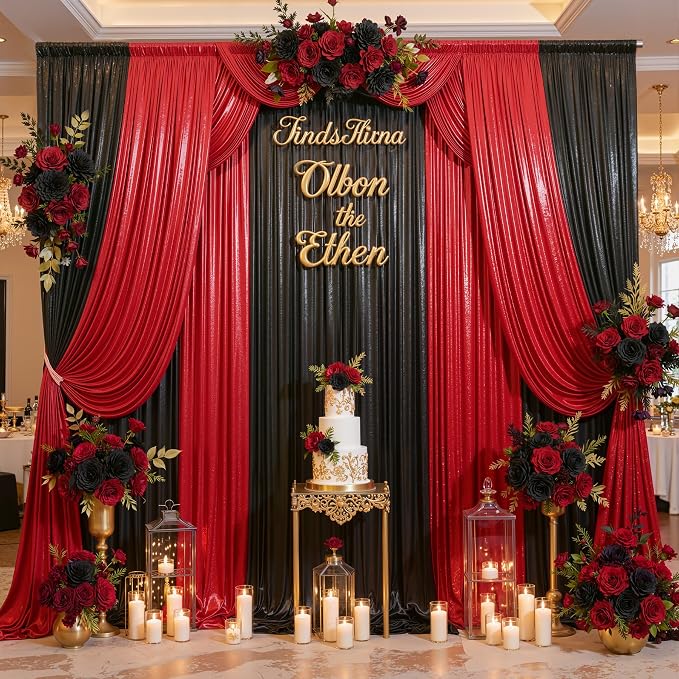 20ft x 10ft Red Black Sequin Backdrop Curtain for Parties, Wrinkle Free Glitter Photo Backdrop Drapes 4 Panels 5x10ft Back Drop Cloth for Wedding Photography Background