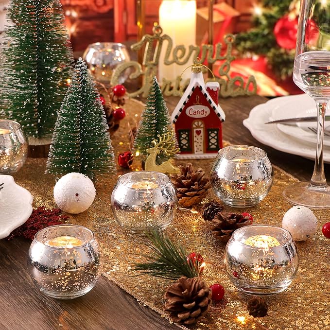 Silver Votive Candle Holders Set of 12 - Mercury Glass Votives Candle Holder - Christmas Tealight Candle Holder for Home Decor and Weddings/Parties Table Centerpieces