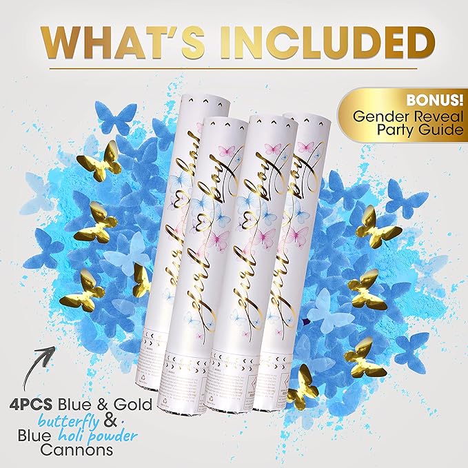 PrimePure Gender Reveal Confetti Cannon - Butterfly Confetti Popper & Biodegradable Powder Cannon - Blue, 4 Pack - Baby Boy Gender Reveal Smoke Bombs Baby Powder Blue Paper Party Poppers