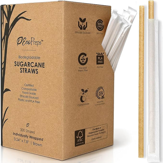 EcoPreps Biodegradable Sugarcane Straws, Plastic-Free Individually Wrapped Straws | 300 Count, 100% Compostable, Eco-Friendly Drinking Straw | 7.8” Sugar Fiber Disposable Straw, Packed in Paper Wrap