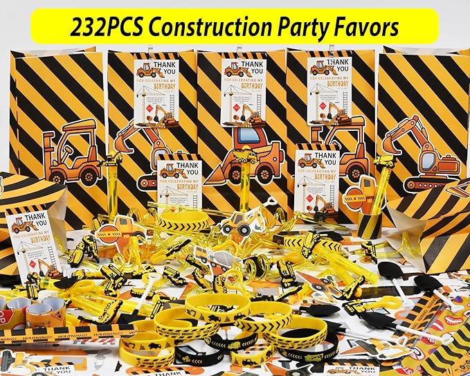 PLOUGVI 232PCS Construction Birthday Party Supplies Decorations Favors, Construction Theme Toys for Goodie Bag Stuffer, Pinata Filler Gifts