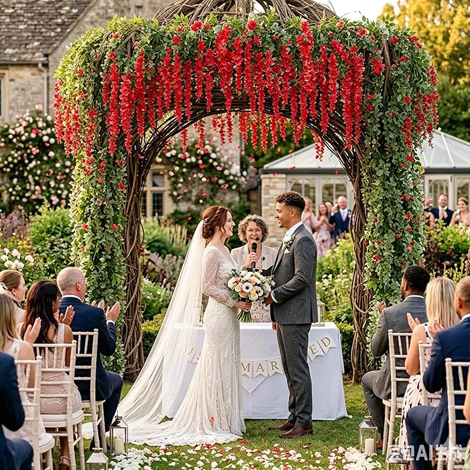 Artificial Wisteria Hanging Flowers Fake Wisteria Flower Garland Silk Vines Rattan Decor for Home Wedding Arch Wall Garden Greenery Bedroom Outdoor Office Party Decoration (48, Red)