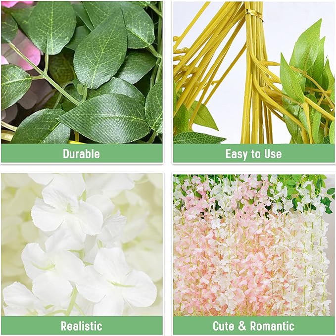 BLEUM CADE 36Pcs White & Pink Fake Wisteria Hanging Flowers, 3.6Ft/Pcs Artificial Wisteria Garland, Hanging Flowers for Wedding Party Home Backdrop Wall Decoration
