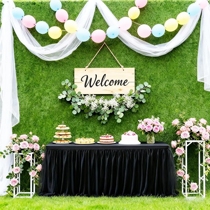 1-Pack Black 2-in-1 Tulle Tablecloth for 5-Foot Rectangular Table – Stretch Fitted Table Skirt & Cover for Baby Shower, Bridal, Birthday, Princess Party
