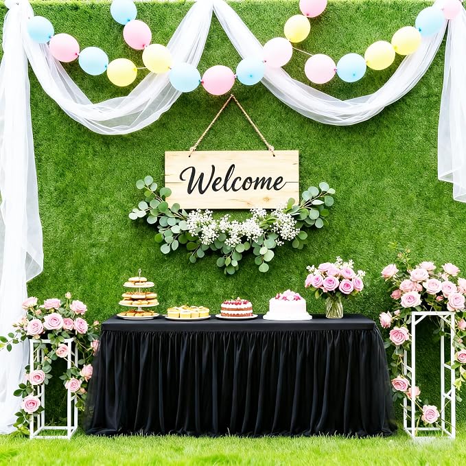 2-Pack Black 2-in-1 Tulle Tablecloth for 4-Foot Rectangular Table – Stretch Fitted Table Skirt & Cover for Baby Shower, Bridal, Birthday, Princess Party