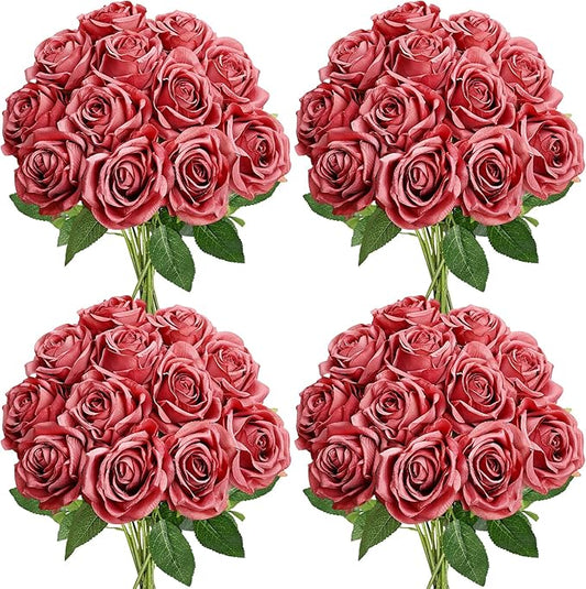 48 PCS Deep Pink Roses Artificial Flowers - Fake Silk Floral with Long Stems Bulk for Table Centerpieces DIY Bouquet Arrangements Wedding Party Bridal Shower Vase Decorations
