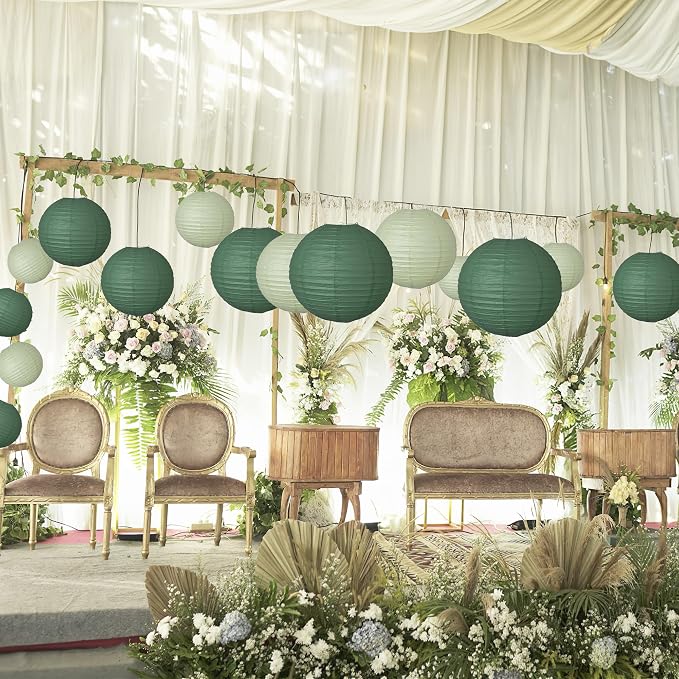 20Pcs Paper Lanterns Decorative, Hunter Green and Sage Green Round Hanging Paper Lanterns Decorations for Rustic Party Bridal Shower Wedding Birthday Home Decor