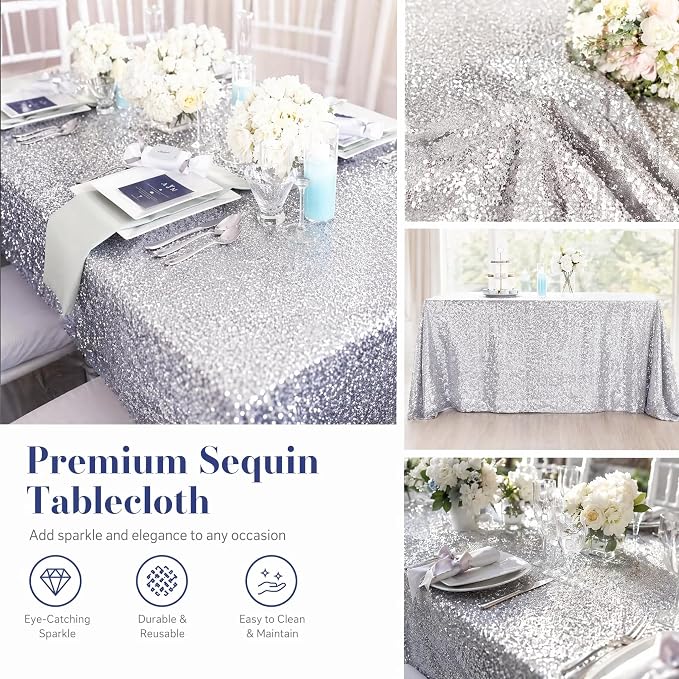 ShiDianYi Silver Sequin Tablecloth 50x72, Sparkly Glitter for Wedding Party | Full Dense Sequin, Serged Edges No Falling, Seamless Mesh, for 4FT Table, Wedding Birthday Outdoor Christmas