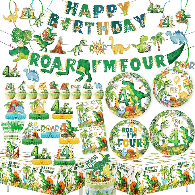 Roar I’m Four Dinosaur 4th Birthday Party Supplies Decorations for Boys Jungle T-rex 4 Rex Tableware Pre-Strung Banners Garland Honeycomb Centerpieces Talbelcoth Hanging Swirls Cupcake Topper Serve 25