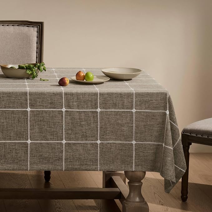 ZeeMart Grid Embroidered Hemmed Tablecloths, Cocoa Brown 60x84 Inch, Farmhouse Style Heavy Weight Cotton Linen Brown Tablecloths, Boho Plaid Water Resistant Rectangle Table Cloth