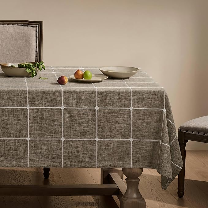 ZeeMart Grid Embroidered Hemmed Tablecloths, Cocoa Brown 60x104 Inch, Farmhouse Style Heavy Weight Cotton Linen Brown Tablecloths, Boho Plaid Water Resistant Rectangle Table Cloth