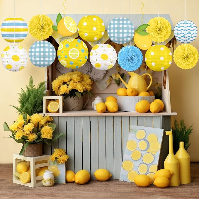 Renbuzhu 15PCS Summer Lemon Party Decorations Paper Lanterns Pom Poms Hanging Swirls Yellow Blue Theme Lemonade Stand Italian Decor for Birthday Home Backyard Indoor Outdoor