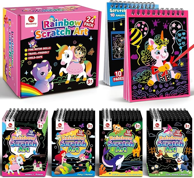 Mocoosy 24 Pack Scratch Art Party Favors for Kids Ages 4-8-12, Birthday Goodie Bag Stuffers, Rainbow Scratch Notebook Bulk, Coloring Books Art Craft Supplies Toddler Boy Girl Gifts Classroom Prizes